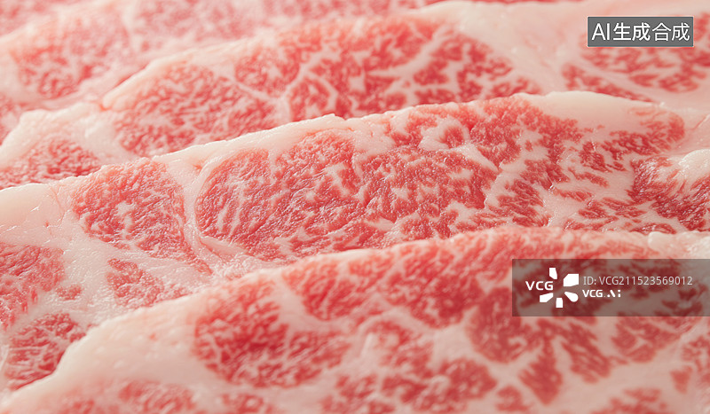 【AI数字艺术】一张近景拍摄的牛肉的照片，牛肉呈长方形，纹理细腻，肥瘦相间，脂肪层很薄，放置在白色背景上。图片素材