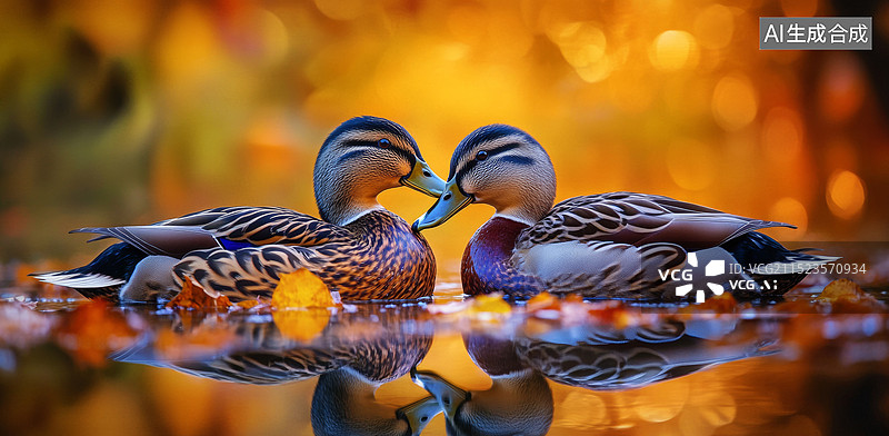 【AI数字艺术】一对鸭子在水中的特写镜头，背景是金秋的红叶图片素材