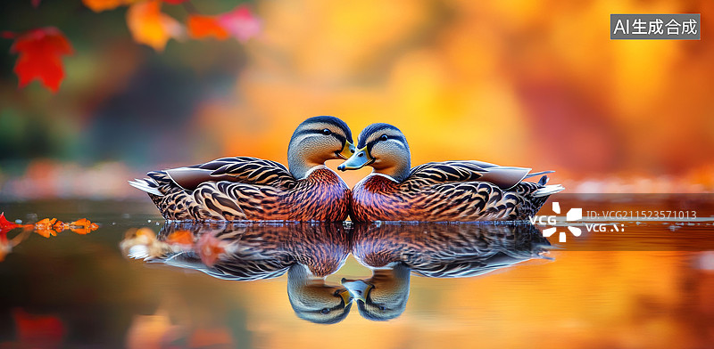 【AI数字艺术】一对鸭子在水中的特写镜头，背景是金秋的红叶图片素材
