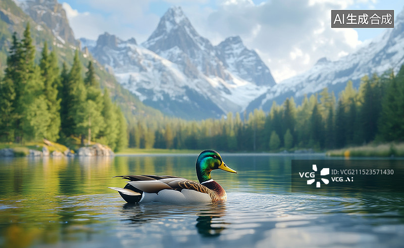 【AI数字艺术】一只鸭子在水中的特写镜头，背景是雪山图片素材
