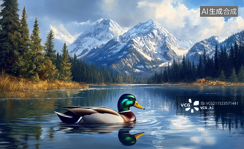 【AI数字艺术】一只鸭子在水中的特写镜头，背景是雪山图片素材