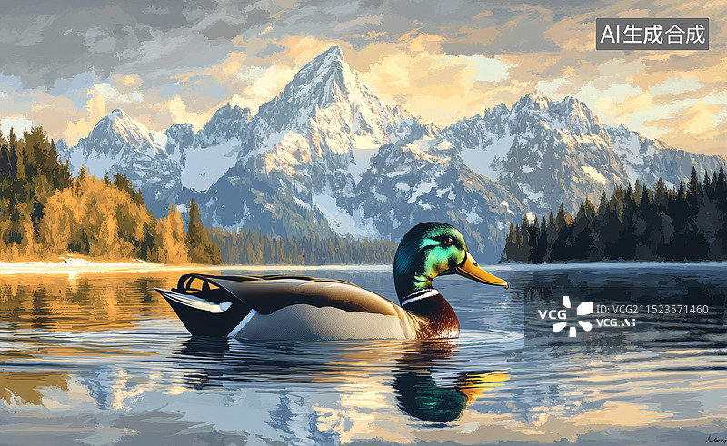 【AI数字艺术】一只鸭子在水中的特写镜头，背景是雪山图片素材