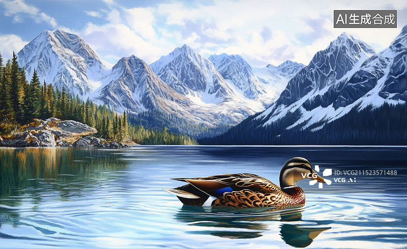 【AI数字艺术】一只鸭子在水中的特写镜头，背景是雪山图片素材