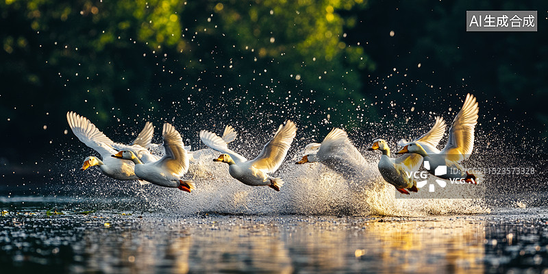 【AI数字艺术】一群鸭子在水中展翅高手的特写镜头图片素材