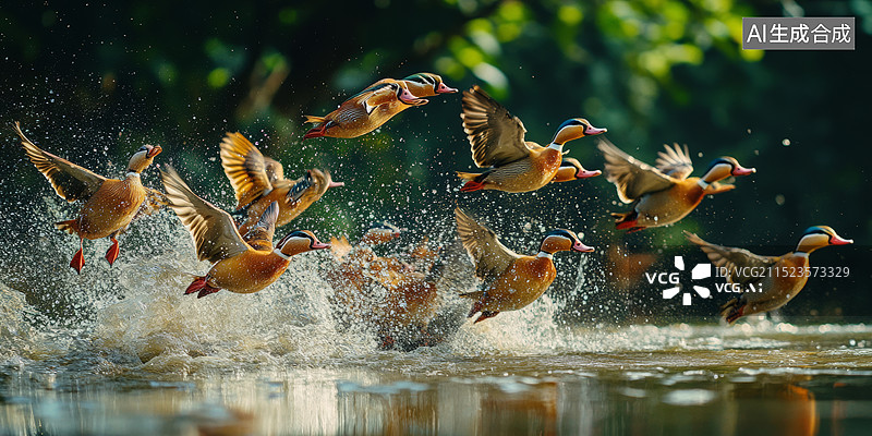 【AI数字艺术】一群鸭子在水中展翅高手的特写镜头图片素材