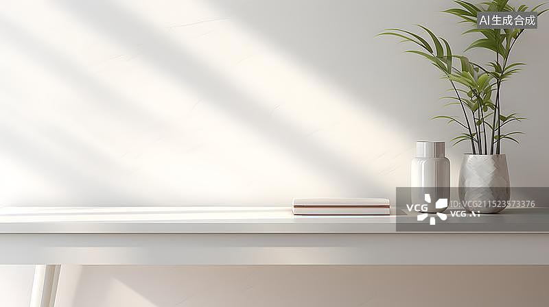 【AI数字艺术】简约木质桌面 绿植的室内设计图片素材