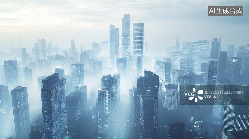 【AI数字艺术】大雾笼罩的城市天际线图片素材