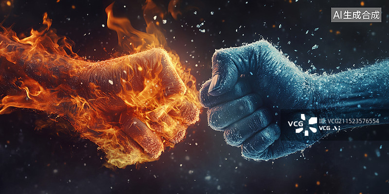 【AI数字艺术】两个拳头相对，左边的拳头燃烧着火焰，右边的拳头冒着寒气图片素材