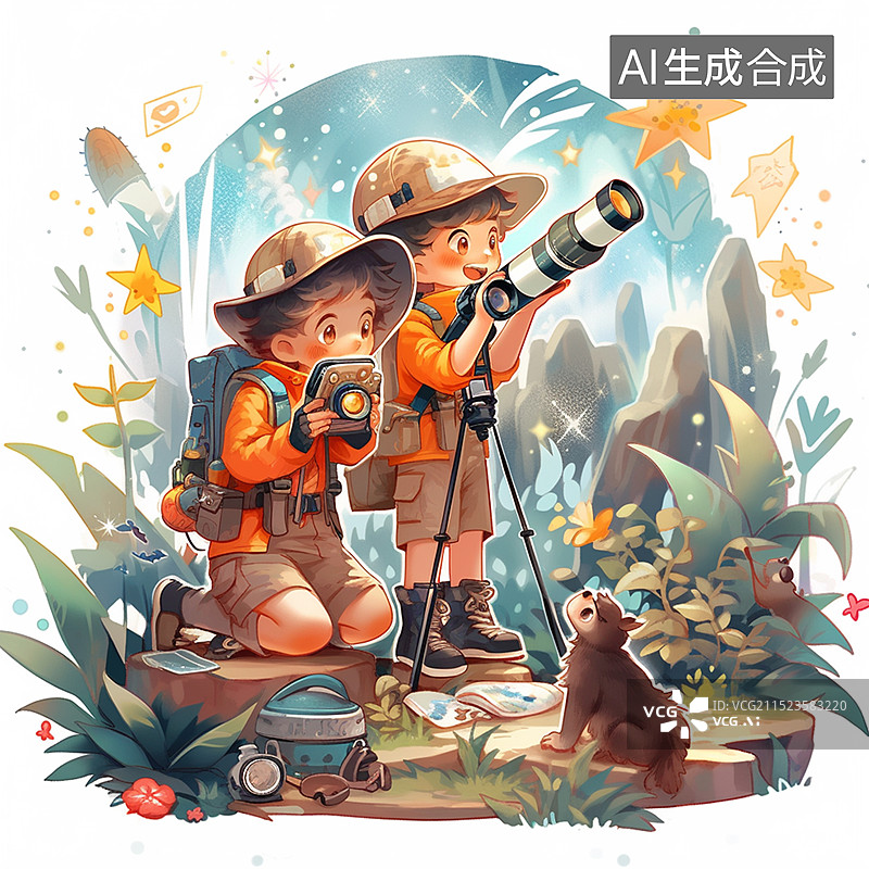 【AI数字艺术】儿童宠物冒险探险户外观测天文图片素材