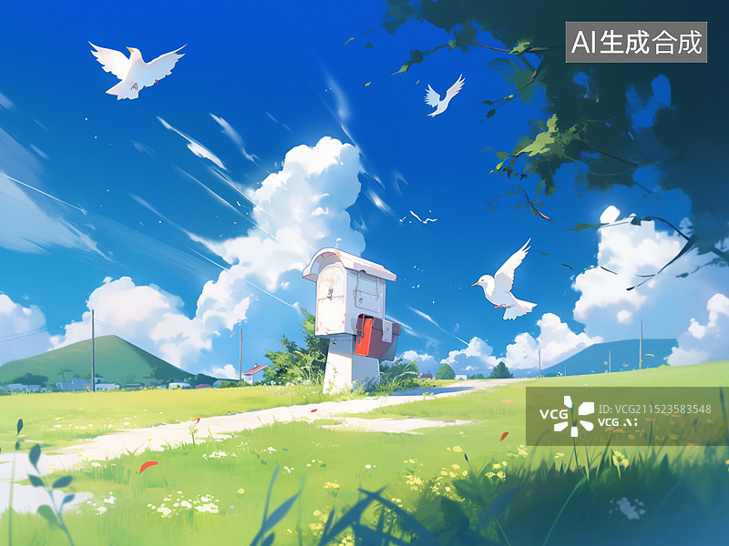 【AI数字艺术】蓝天白云明媚阳光下的邮筒图片素材