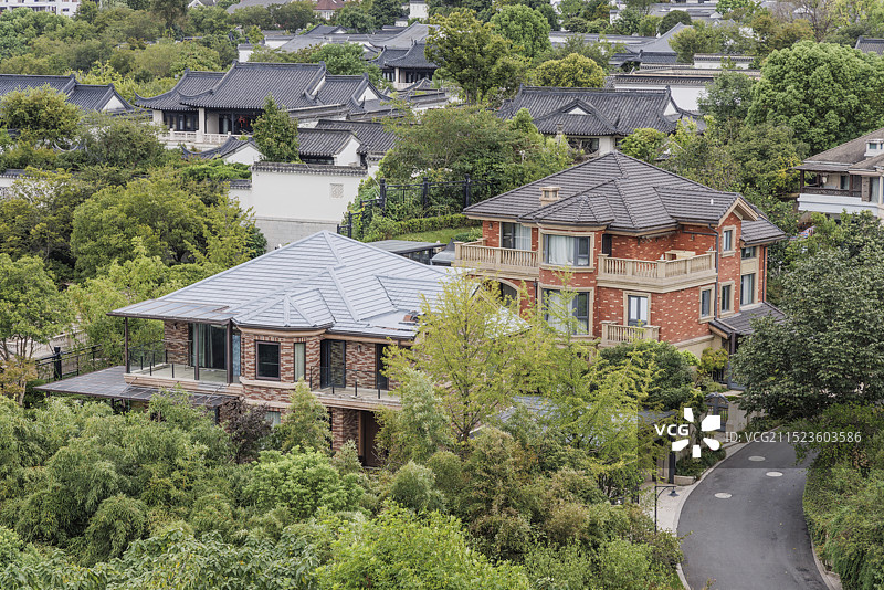 豪华西式中式别墅区航拍，杭州转塘绿城云栖玫瑰园，景月湾图片素材