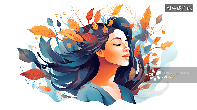 【AI数字艺术】女性与落叶秋日宁静之美图片素材