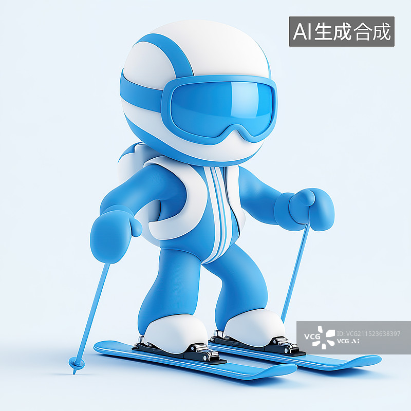 【AI数字艺术】3D卡通，一个快乐的蓝白人形滑雪，孤立在一个纯粹的，坚实的，干净的背景图片素材