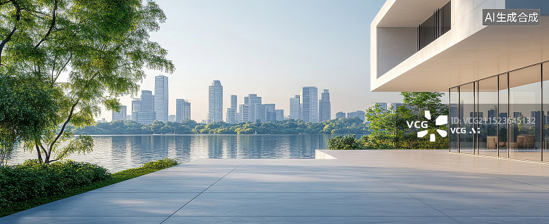 【AI数字艺术】水边城市别墅背景图片素材