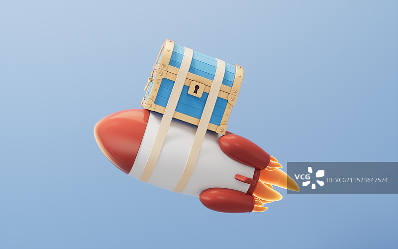 火箭上装载的宝箱三维渲染图片素材