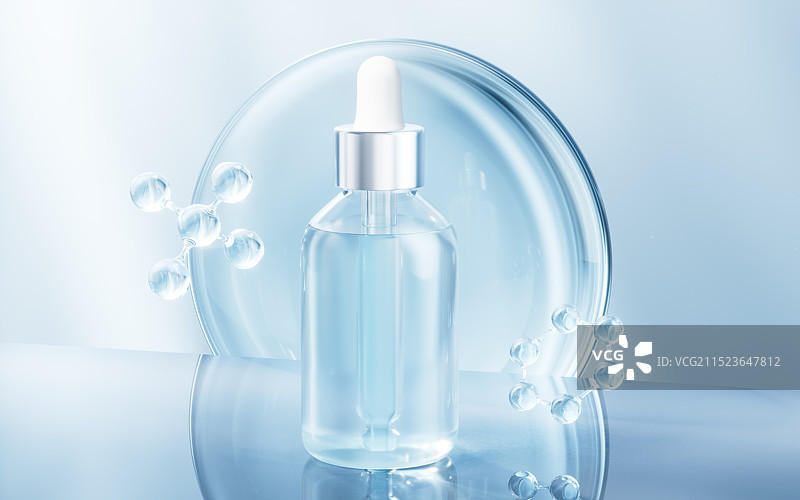 透明护肤品瓶子与滴管三维渲染图片素材