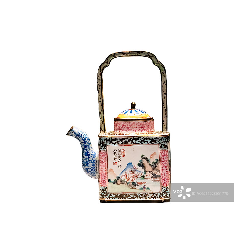 清代广珐琅茶具，铜胎画珐琅山水诗文提梁壶图片素材