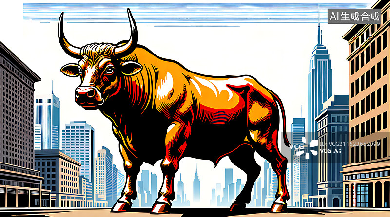 【AI数字艺术】财经股市主题插画 站在街区的铜牛图片素材