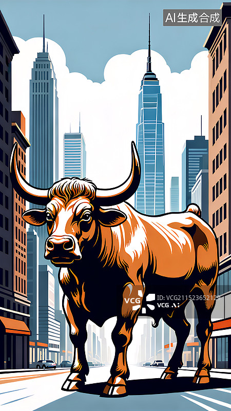 【AI数字艺术】财经股市主题插画 站在街区的铜牛图片素材