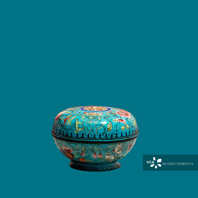 美容用品，清代，锦地开光花卉人物故事图瓜棱形粉盒图片素材