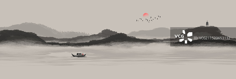中式手绘水墨禅意山水画插画装饰画图片素材