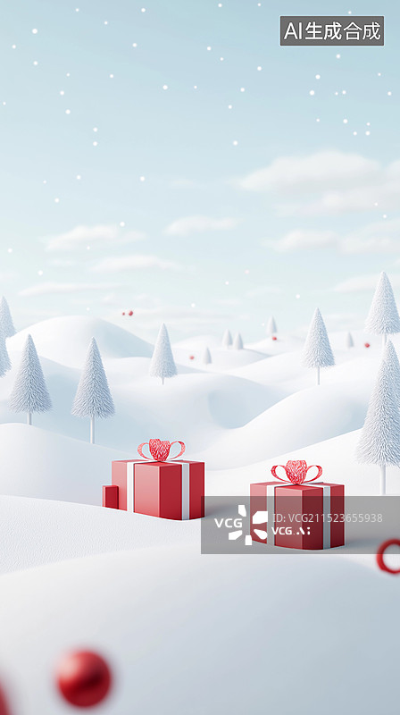 【AI数字艺术】年终大促电商购物节主题——圣诞节雪地里的红色礼物图片素材