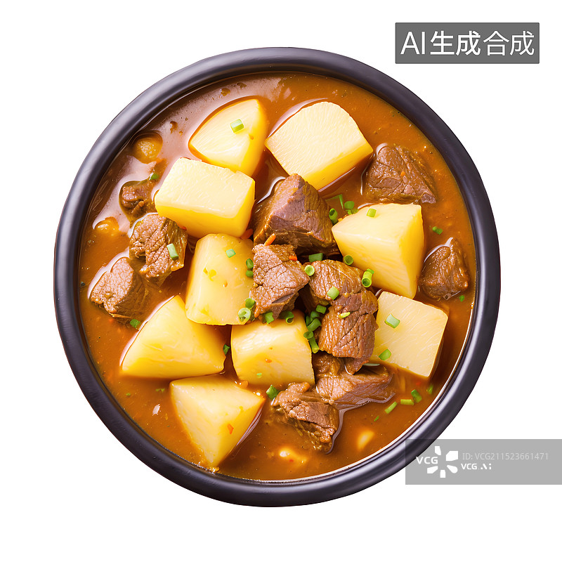 【AI数字艺术】美食菜肴主题 正上方视角一碗牛肉炖土豆图片素材