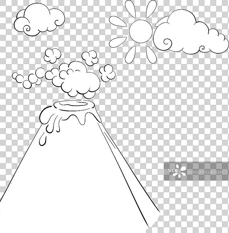 卡通黑色火山、太阳和云朵图片素材