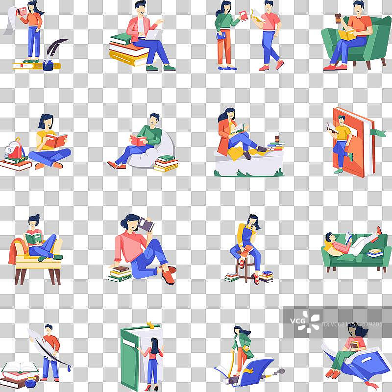 16本书籍和墨水瓶（扁平风格）图片素材