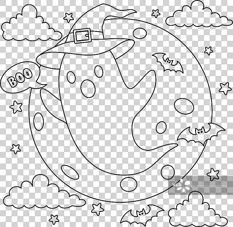 月亮背景上的飞行幽灵着色图片素材