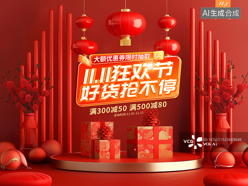 【AI数字艺术】双十一狂欢大促电商海报 圣诞节中国风室内展台设计 结婚化妆盒 红色婚庆节日场景 年终盛典双11双12图片素材