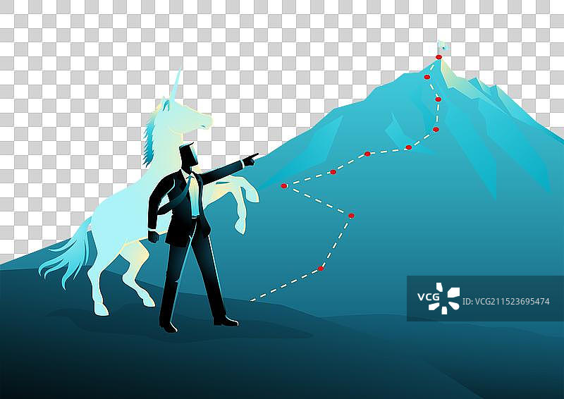 创业独角兽山峰上的商人剪影图片素材