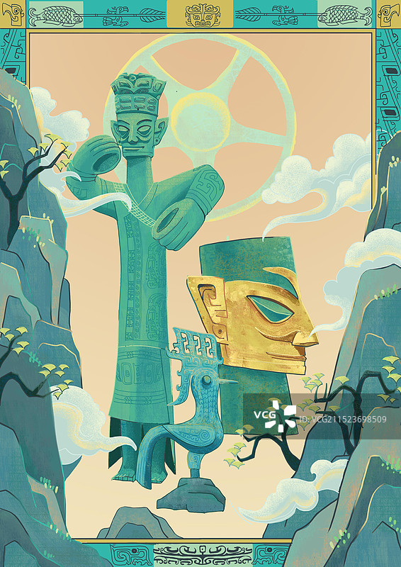 三星堆的文物立人像 金面人头像 立鸟图片素材