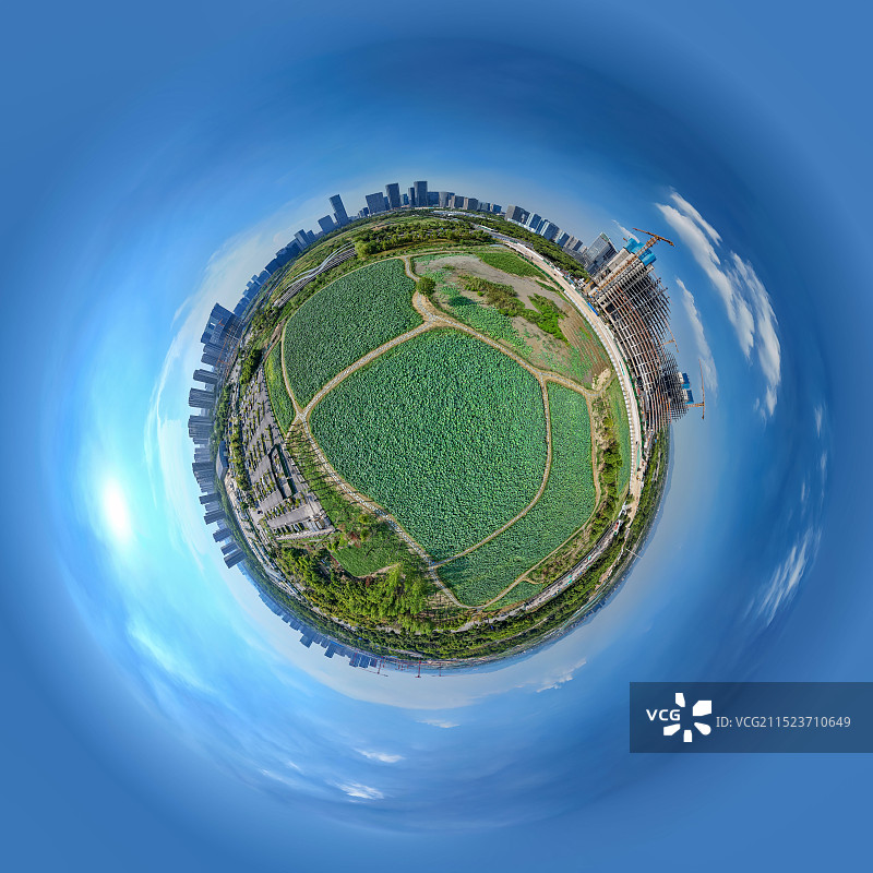 航拍杭州荷塘CBD 夏日碧绿荷塘 未来科技城片区 荷花荷叶 720度小行星视角VR全景图片图片素材