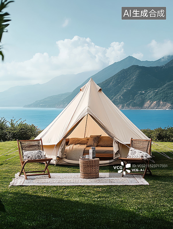 【AI数字艺术】森林公园草坪上的露营帐篷，露营生活方式概念图片素材