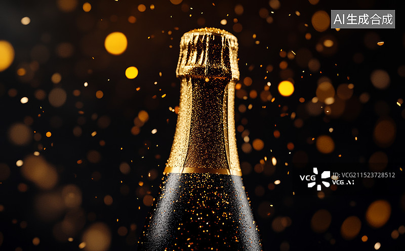 【AI数字艺术】一张香槟特写照片，背景模糊，看起来像是庆祝活动或派对上的场景，香槟瓶身沾着水珠，金光闪闪，营造出一种图片素材