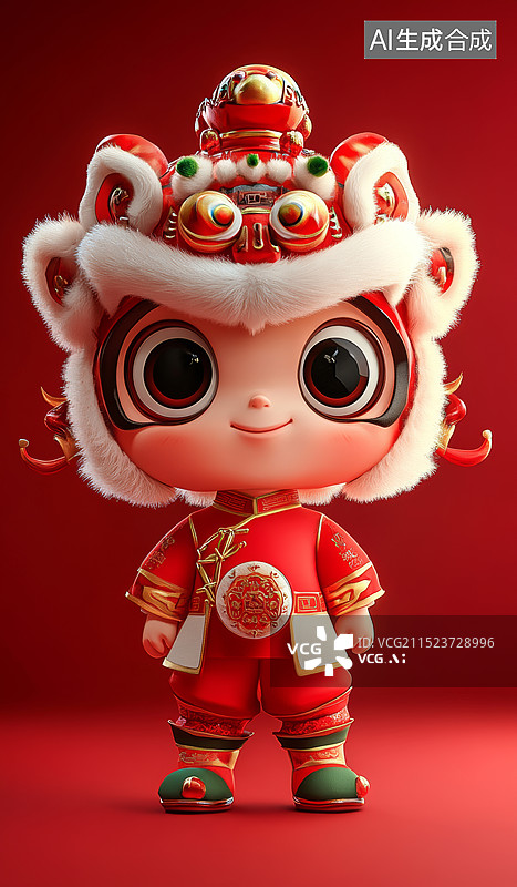 【AI数字艺术】一个穿着传统舞狮服装的Q版小女孩，全身图，背景是纯红色，狮子头比正常比例大很多，显得非常可爱图片素材