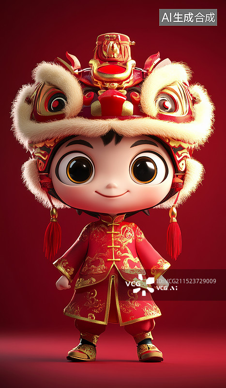 【AI数字艺术】一个穿着传统舞狮服装的Q版小女孩，全身图，背景是纯红色，狮子头比正常比例大很多，显得非常可爱图片素材