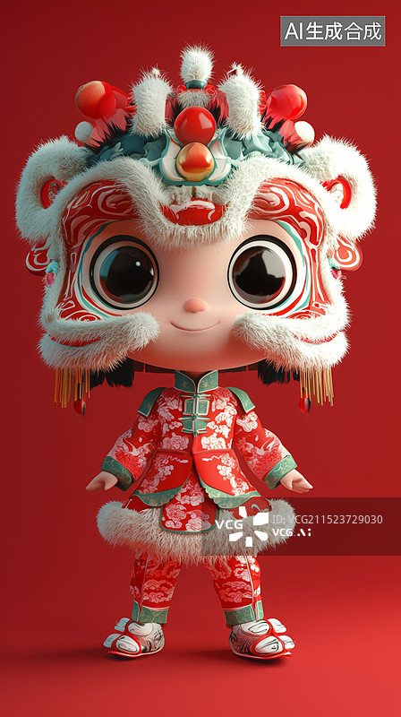 【AI数字艺术】一个穿着传统舞狮服装的Q版小女孩，全身图，背景是纯红色，狮子头比正常比例大很多，显得非常可爱图片素材