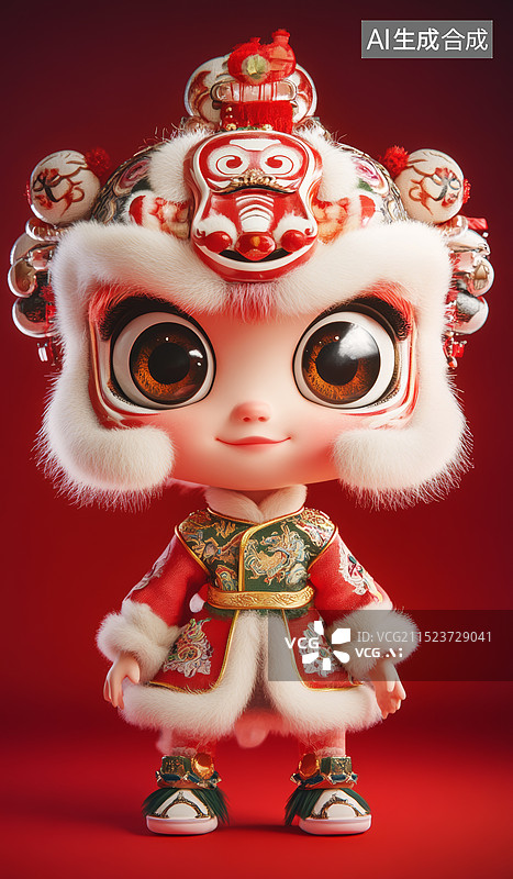 【AI数字艺术】一个穿着传统舞狮服装的Q版小女孩，全身图，背景是纯红色，狮子头比正常比例大很多，显得非常可爱图片素材