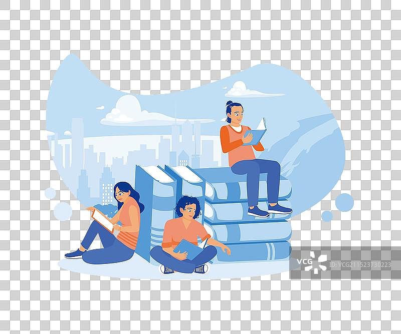 人们坐在书堆上阅读书籍图片素材