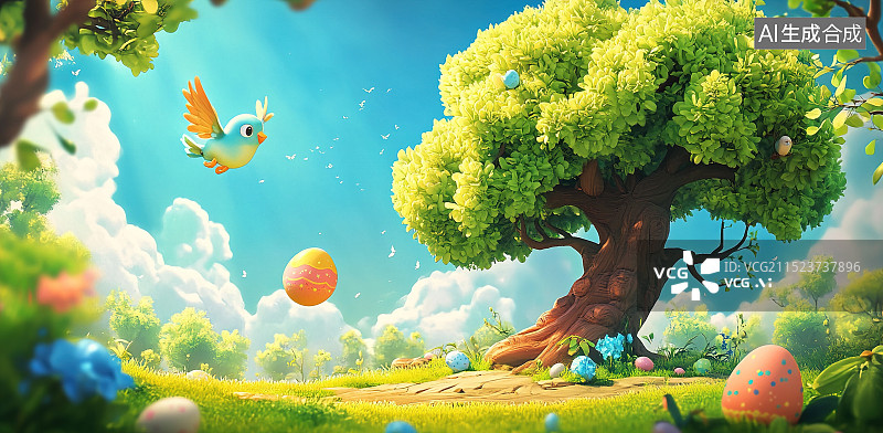 【AI数字艺术】春天的一棵大树和小鸟图片素材