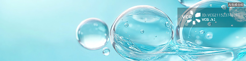 【AI数字艺术】抽象美妆类柔和蓝色背景素材透明气泡护肤补水和美容产品图片素材