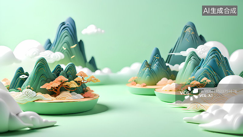 【AI数字艺术】青绿山水三维插画图片素材
