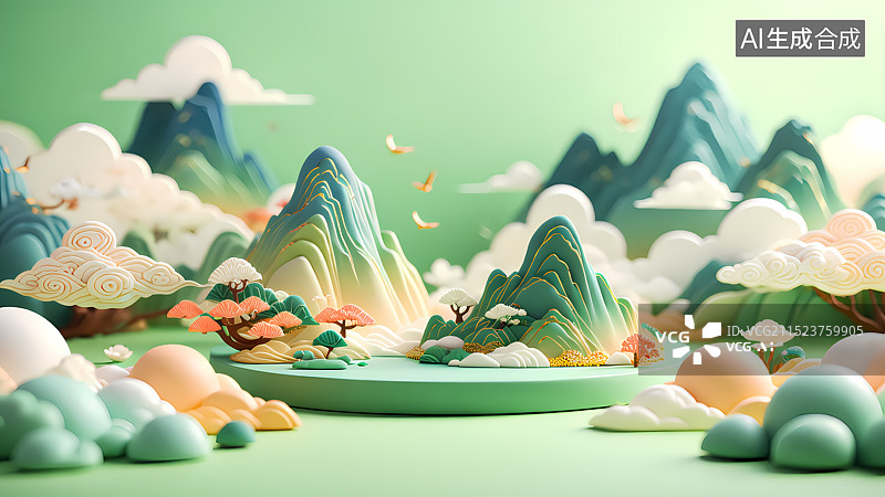 【AI数字艺术】青绿山水三维插画图片素材