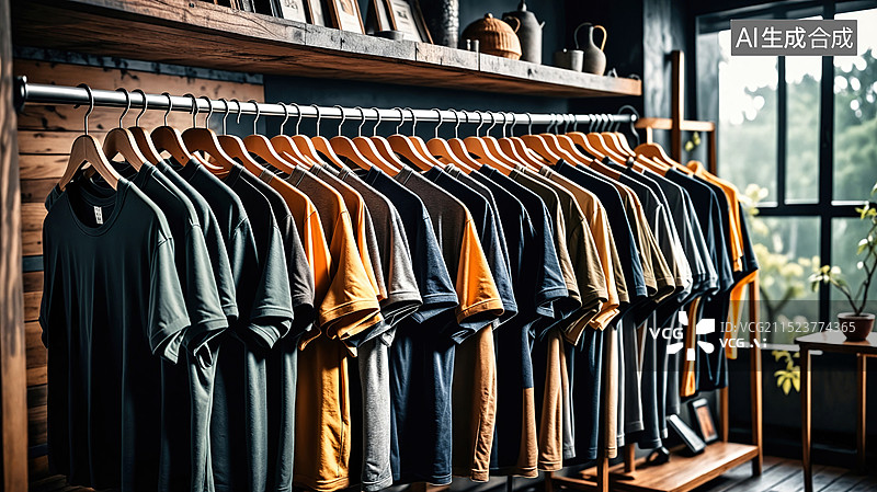 【AI数字艺术】衣架上的多彩T恤展示图片素材