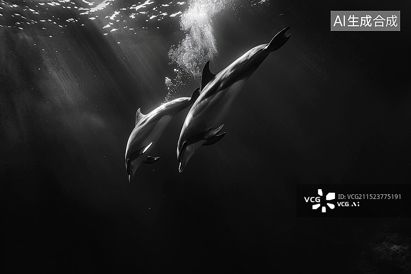 【AI数字艺术】深海海底摄影水底动物两只海豚图片素材