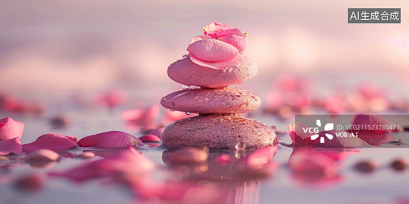 【AI数字艺术】粉色的玫瑰花瓣洒落在水中图片素材