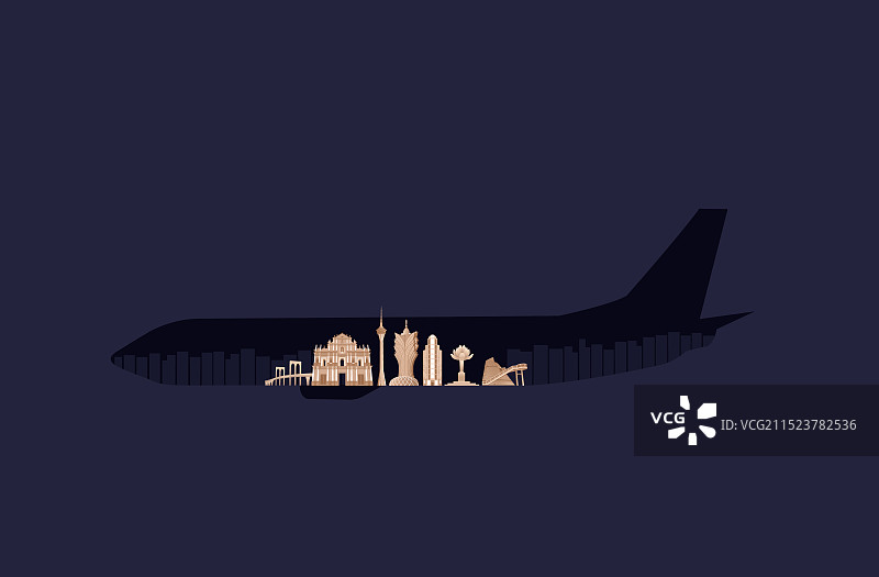 黑金澳门高端飞机新航线旅游旅行新年春节节日包装剪纸剪影矢量插画图片素材