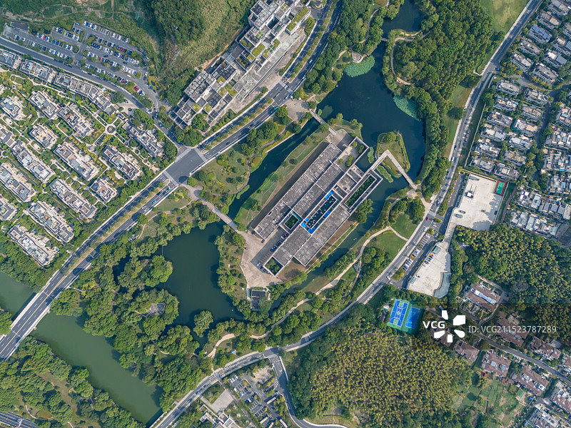 航拍浙江杭州良渚博物院 考古遗址博物馆 良渚文化博物馆 杭州良渚文化村 杭州美丽洲公园图片素材